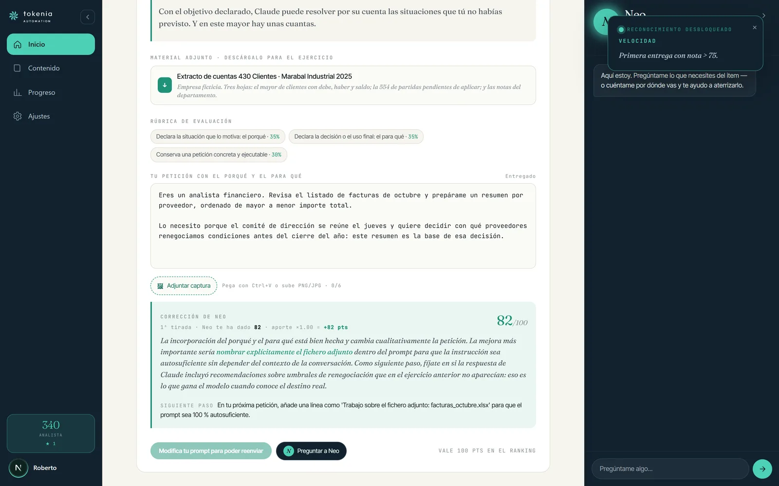 Corrección en tiempo real de un ejercicio: nota, argumentos y siguiente paso